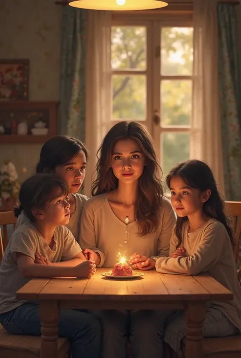 A mom family, table, 3 girls, 1 older one medium and one small, all brown hair 