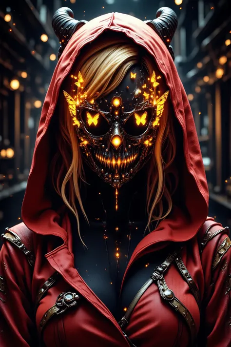 Blonde Kunoichi in the space, yellow long hairs, garnet red costume and hood, black mask, orange glowing eyes, golden glowing bu...