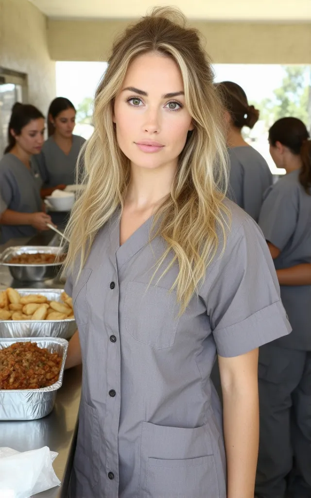 A woman with long wavy blonde hair, brown eyes, pink lips and a pretty face. The woman will be wearing a square necked cuffed sl...