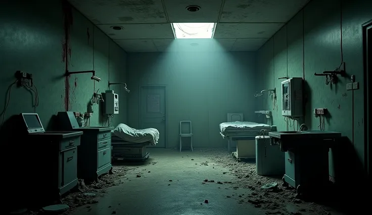 Gloomy room in an abandoned dirty hospital with gloomy dirty floor 