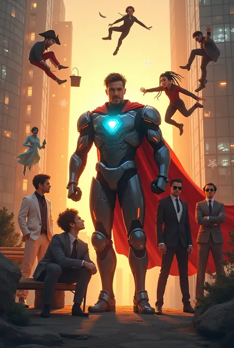 A vibrant cinematic scene at golden hour. In the center stands a futuristic armored hero with glowing blue chest light and confi...