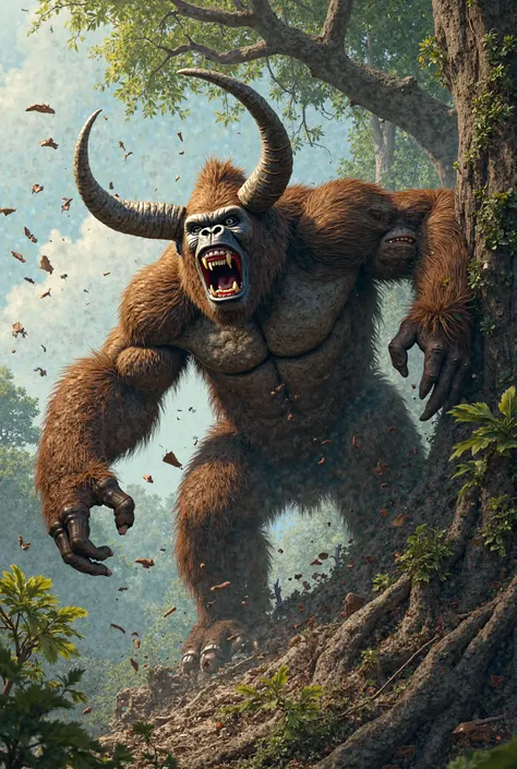 Angry brown gorilla with horns throwing branches from a tree