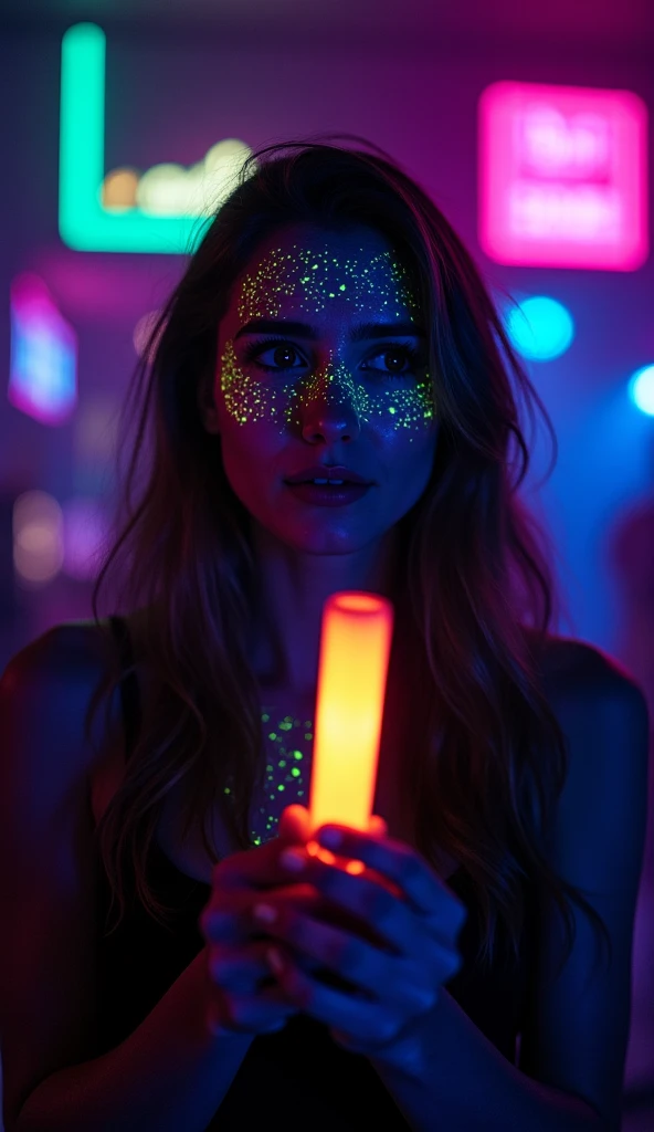 A confused person holding a weak blacklight in a dark room, wearing glow-in-the-dark makeup, looking disappointed, neon lights i...