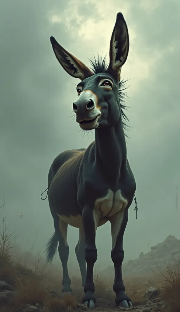 sad donkey looking up at the sky with tired eyes, emotional tone, empty landscape"
