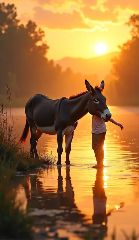 "a weak and injured donkey appearing across the river at sunset, golden light reflecting on the water, emotional reunion atmosph...