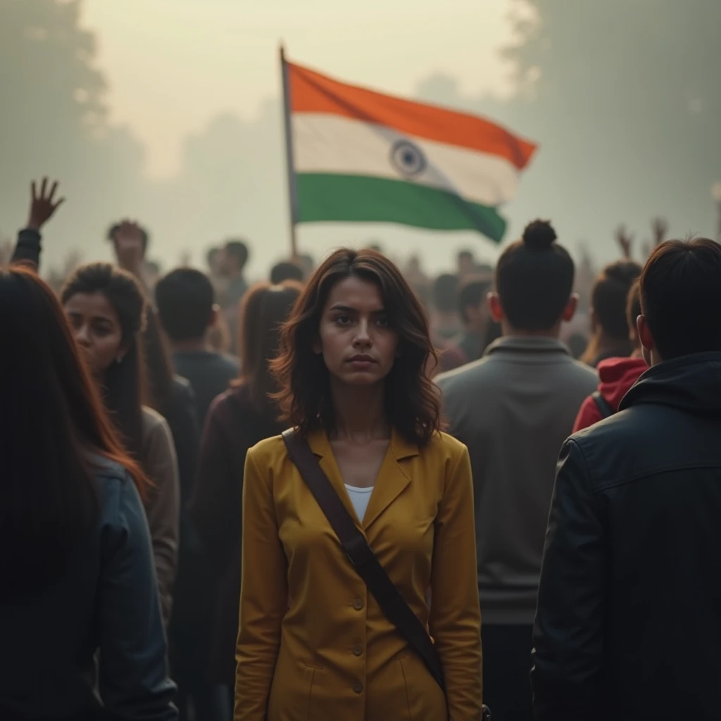 A lone young woman standing with courage in a silent crowd, Indian flag subtly visible behind, people with blank expressions ign...