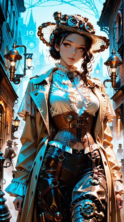 beauty, long coat, ruffle blouse, crop top vest, corset pants , silk hat,    steampunk,  Street corner where faint fog can set i...