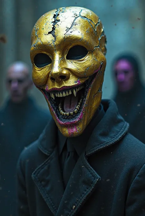 "A surreal symbolic scene titled 'Beyond the Veil': A golden mask is cracking and falling apart, revealing a dark inner world. B...