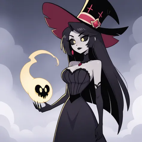 masterpiece, best quality, ultra highres, detailed illustration, detailed, 1girl, long hair, goth, hot, pale grey skin, black ha...
