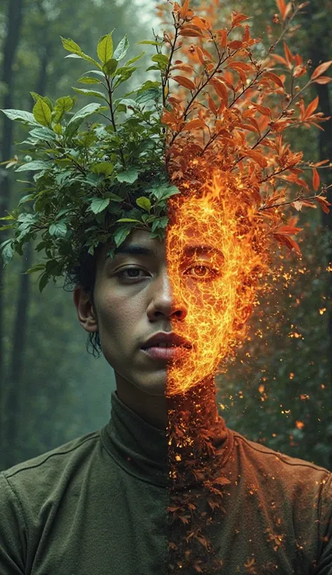 A powerful metaphorical image: A person watering a plant on one side, while setting a tree on fire on the other. Their face is s...