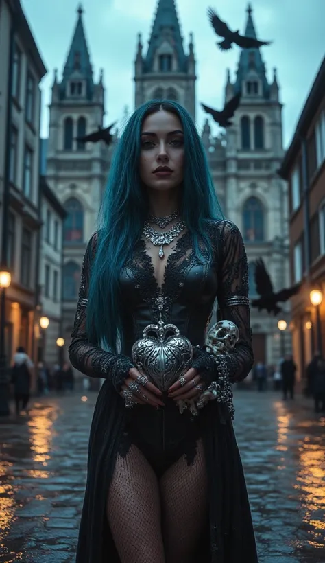 A full-length portrait of a captivating elegant and enigmatic gothic female with blue hair and turquoise eyes, hugging an iron h...