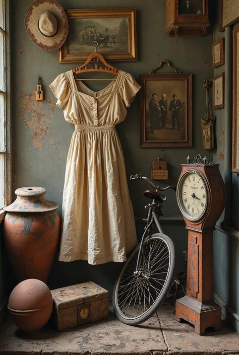 Old dress on a hanger,
hat
vintage picture,
clay pot
old Utah alchemy set
old yuma bike
old worn sezlo
just a forgotten box with...