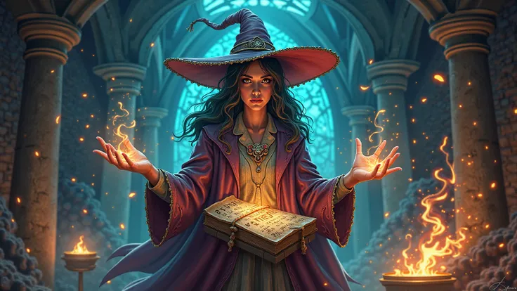 A witch holding a grimoire and casting a powerful animate-style spell.