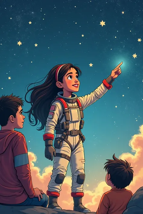Create an image of Natalia Vargas Terán, and also to ren listening to how he speaks, I want Natalia to have a space science suit...