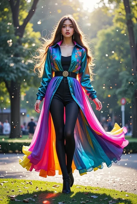 19 Year Old Delicate Beautiful Fashion Model、LUXURY SHORTS、LUXURY FASHION BOOTS、Luxury jacket、Glowing Cyberpunk Luxury Gown、grav...