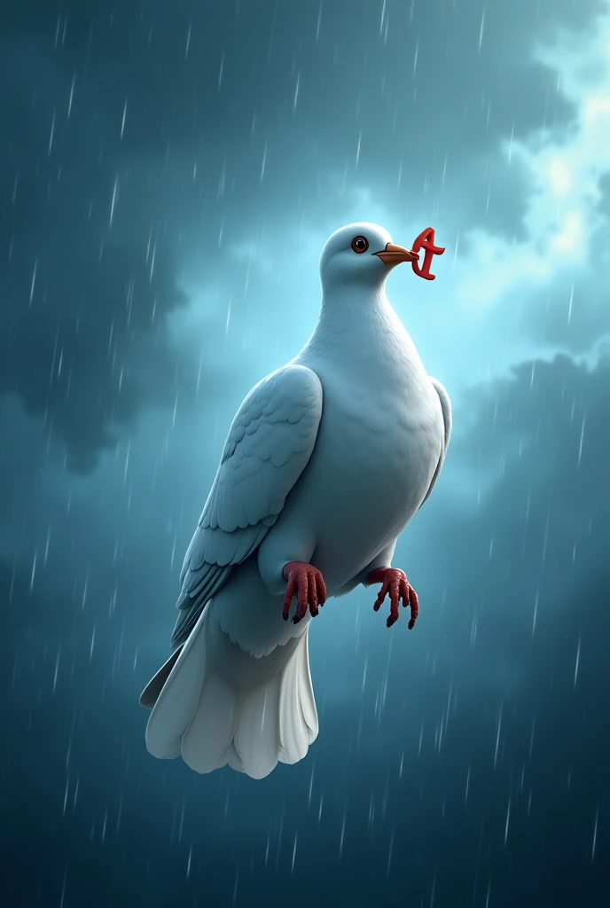 "The white dove struggles in a stormy sky, heavy rain and wind tossing it around. The letter is barely clutched in its beak. One...