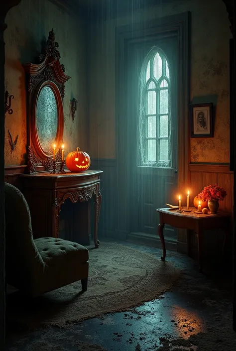 "A creepy haunted room, cobwebs, cracked mirrors, antique furniture, flickering candlelight, shadows moving, Halloween pumpkins ...