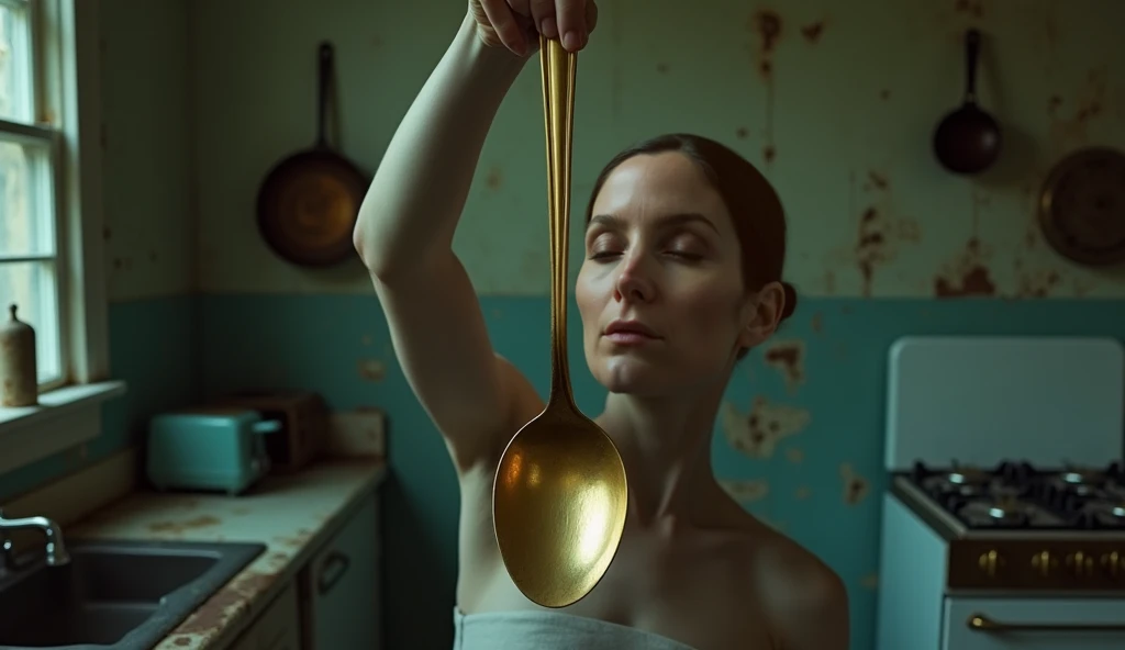 Close-up A girl without hair in an abandoned dark kitchen hangs a large golden spoon in the air. There are pans hanging on the w...