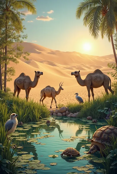 Create another picture of the famous real animals that live in deserts and the famous animals that live in the tidy areas of swa...