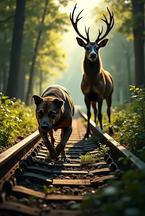 A dog's leg is stuck on a railway line as a horned deer watches from a distance from the nearby forest