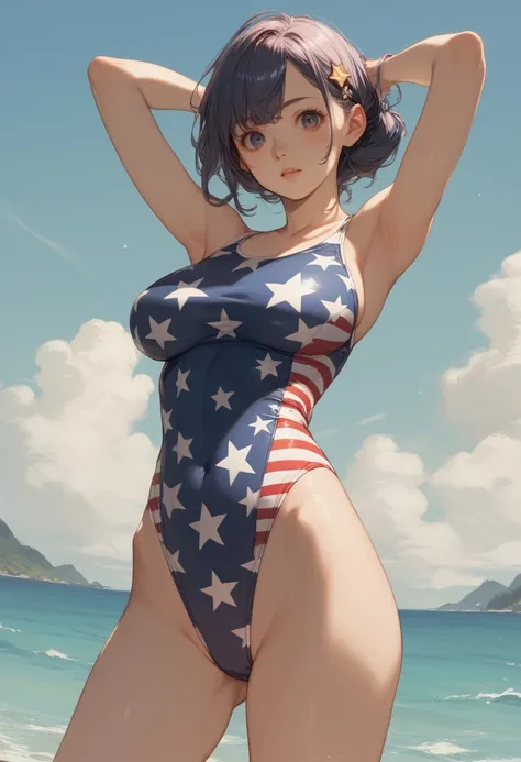 Big Breasts.shareの下からの視点.High Leg Swimsuit.American Stars and Stripes Swimsuit.share