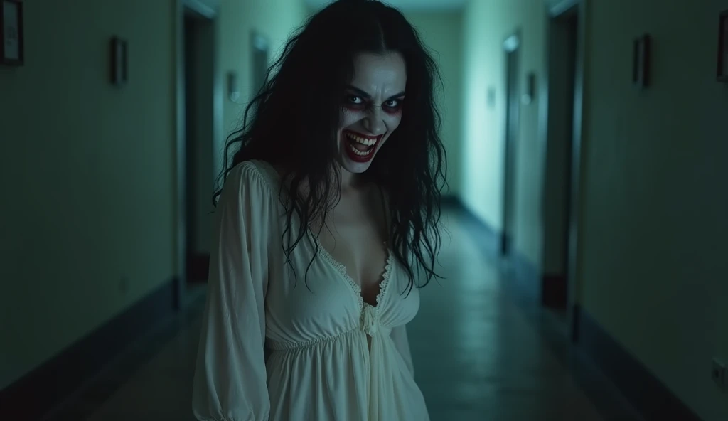  a woman with a scary face and a devilish smile on a white nightgown in the hallway covered in the twilight of the night