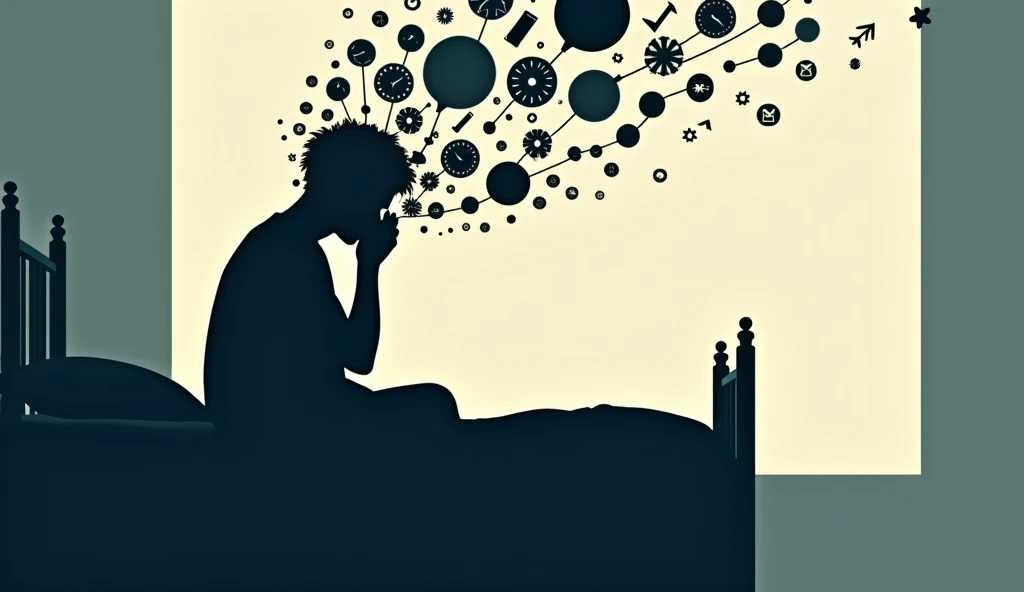 Silhouette of a person sitting on the bed with their head in their hands, with icons or balloons sticking out of the head (conta...