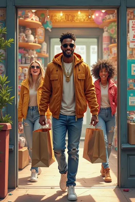 


2. "A confident  walking out of a toy store with shopping bags in hand, wearing sunglasses and a gold chain, followed by amaz...