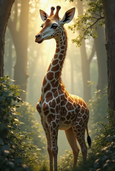 A woman in the forest with the face of a giraffe