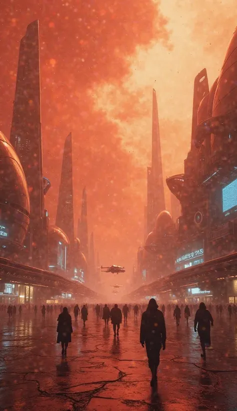 A futuristic Martian city with humans walking, red dust storms, domed buildings, advanced technology, ultra-detailed, cinematic"...