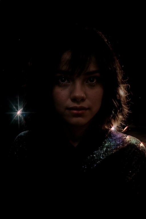 1girl, smile, iridescence, dramatic angle, space, (floating colorful sparkles:1.3), Dramatic Lighting, Chiaroscuro, Evocative De...