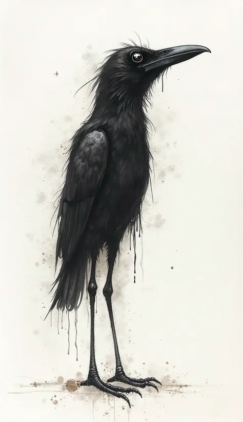 A hyper-disgruntled, skinny crow. caricature in the style of a 's drawing; minimalism, simplicity, naive, charcoal drawing, sket...