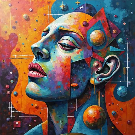 Cubist style artwork in oil with bright colors from a Dali and Picasso style abstract surrealism painting with disruptive and me...