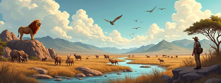 {Wide-angle cartoon illustration}, {distant panoramic shot} of a rugged, untamed savanna near a wild, winding river with rocky b...
