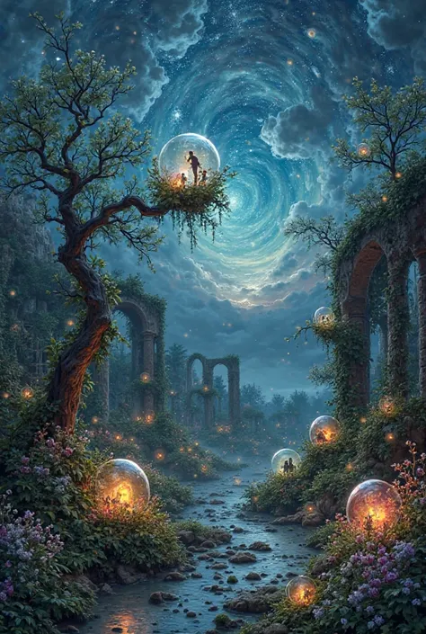 
**Prompt:**

A surreal, dreamlike garden at twilight, under a sky turned inside out with swirling cosmic clouds and inverted st...