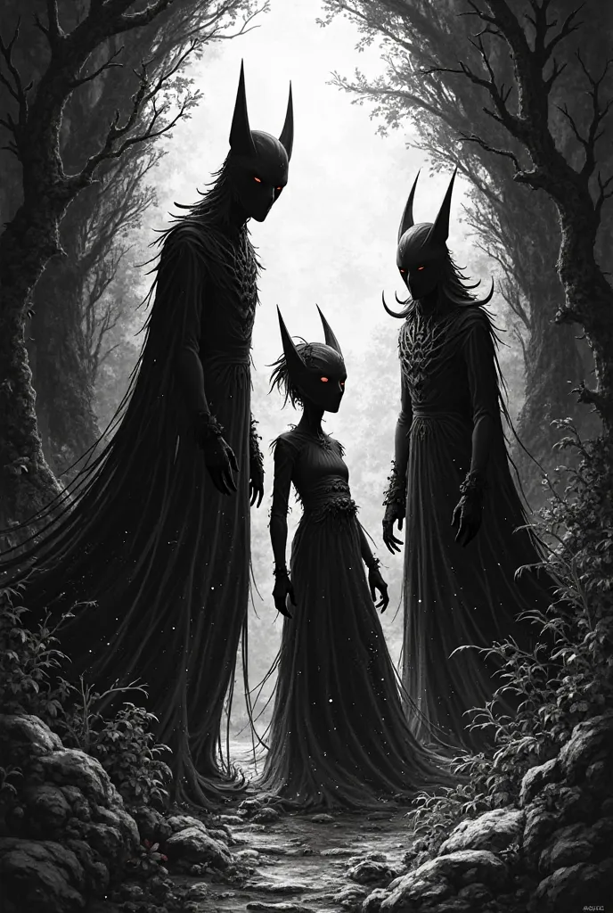 all black and white, not realistic but drawn with only black and white