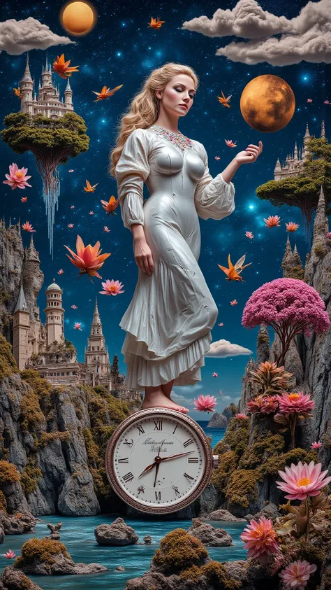 
"Surreal hyper-detailed odyssey: A serene woman with luminous porcelain skin (cracks revealing miniature starfields) stands ato...