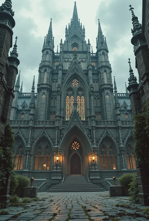 Create a large image of the exterior façade of a complex of party rooms and a church, Gothic style. 
