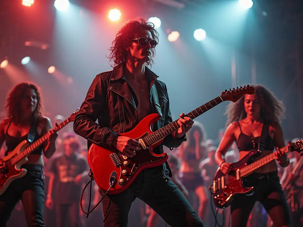 Rock guitarist wearing drop glasses on stage with a red stratocaster fender, rock band, girls on backup dancers, the hall is dan...