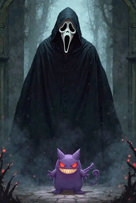 Ghost face from scream holding gengar the pokemon
