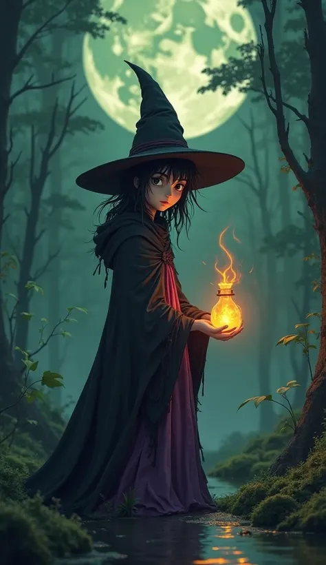 A mysterious young witch standing in a swamp at night, holding a glowing potion that's catching fire, in Studio Ghibli art style...