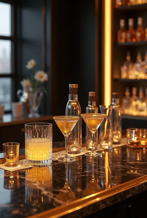 Luxury cocktail bar setup with golden-lit counter, crystal glasses with gold rims, personalized drinks, and a sleek black and wh...