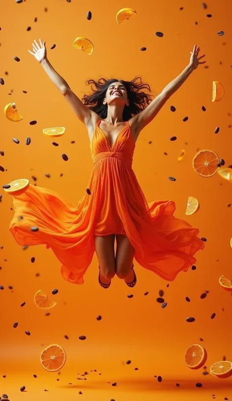 captures a fair-skinned Indian woman jumping into the color orange、full-length magazine style editorial photograph , I'm wearing...