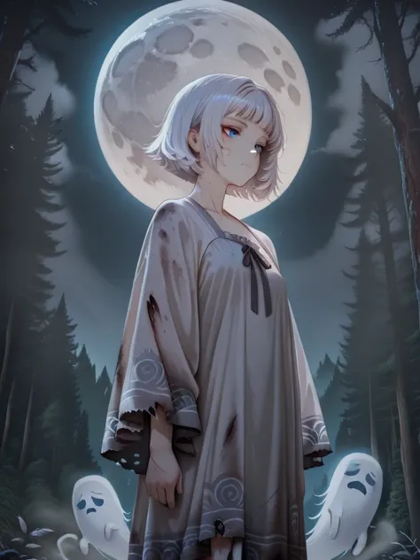 An elderly female ghost with shoulder-length white hair, wrinkled skin, and a dirty, blue eyes, no eyeballs,  weathered face of ...