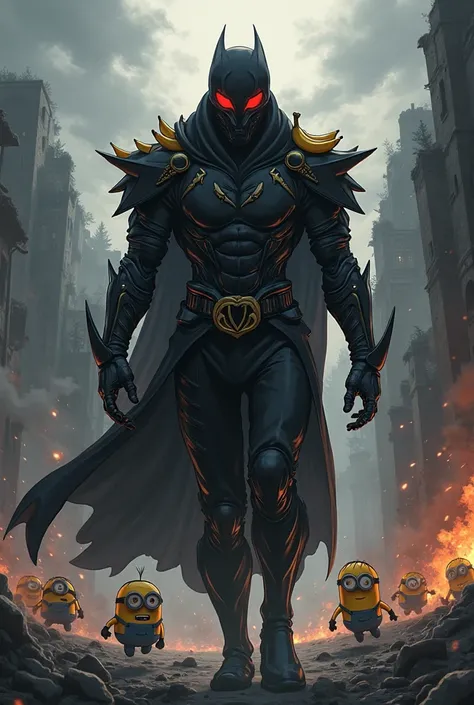 Dark anime villain entering a destroyed Minion village, red glowing eyes, futuristic black armor with banana-themed elements, sm...