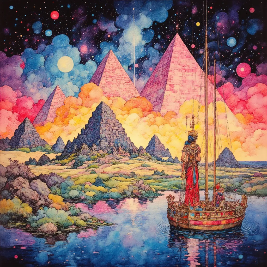 Art Nouveau、psychedelic art、Against the background of the Giza pyramids、There is an ancient Egyptian ship on the Nile、Isis and H...
