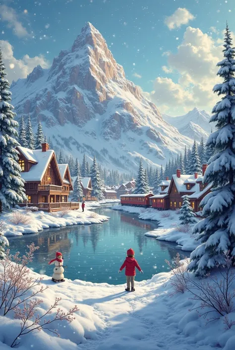  small town inside giant snowflakes .  the earth is gently swirling ,   of glitter and small  ,  sparkling crystals swirl around...