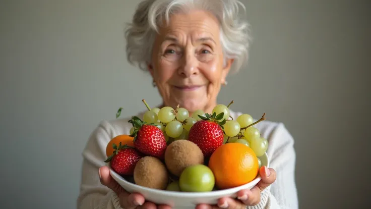 Prompt: Final shot of the senior woman smiling and holding a fruit bowl now highlighting kiwis and grapes along with strawberrie...