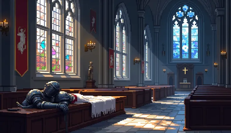 Inside a grand, abandoned cathedral, a battle-worn knight sleeps peacefully on a wooden pew. His weathered armor glints faintly ...