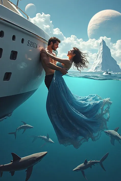 A guy holds a falling woman in a blue dress. yacht. ocean. day. Two planets. sharks. iceberg 